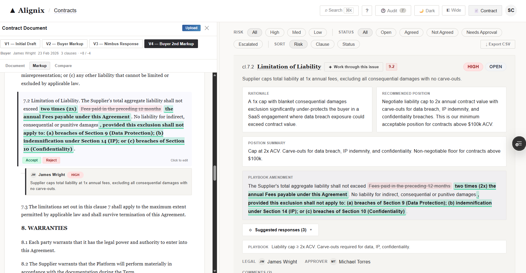 Playbook governance — clause cl.7.2 (Limitation of Liability) shown as a departure with risk score, recommended position, and playbook amendment.